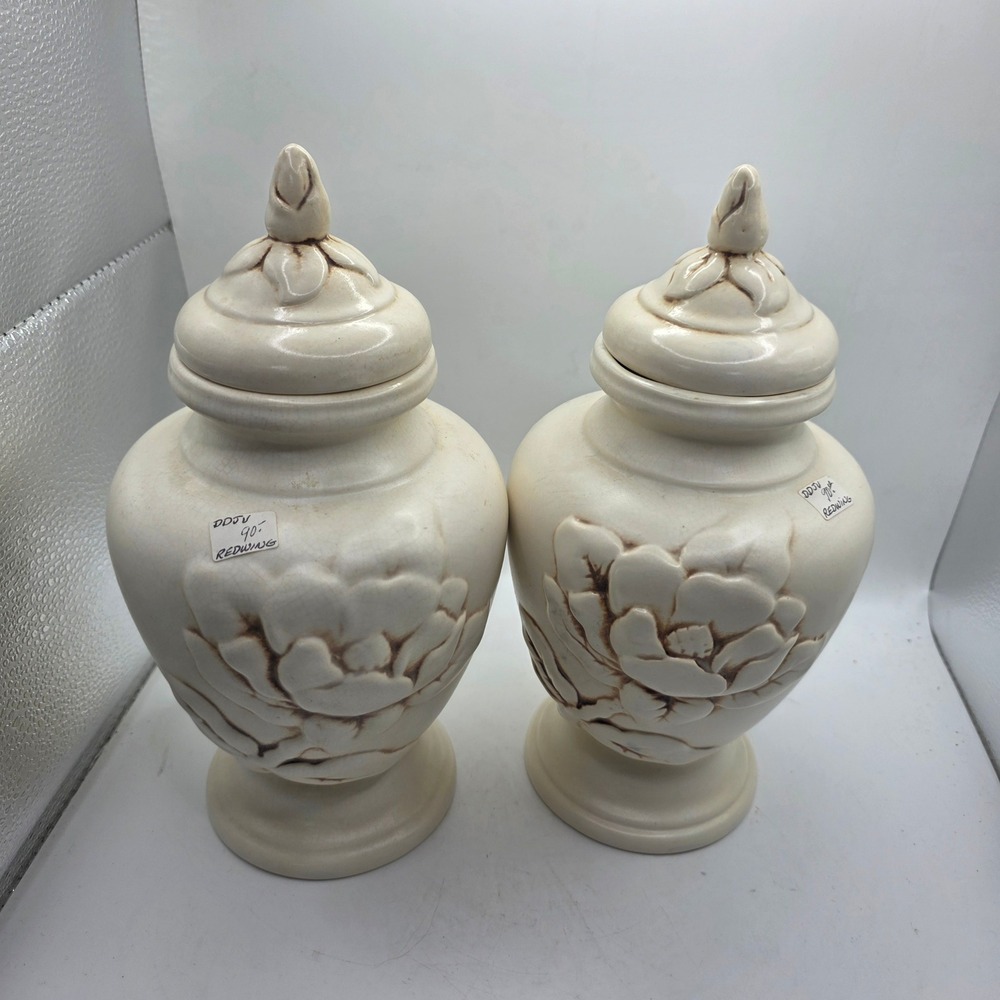 Pair Vintage Red Wing USA #1023 Magnolia Covered Urn Jars Cream Art Pottery